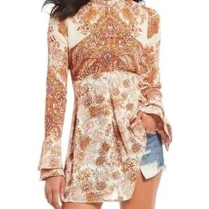 Bohemian Paisley Print Tie Neck Long Sleeve Blouse Women's Flowy Boho Chic Shirt